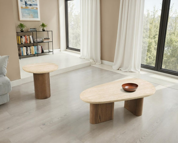 English Elm Contemporary Travertine Top Coffee Table with Trestle Base for Modern Living Rooms B2741S01005