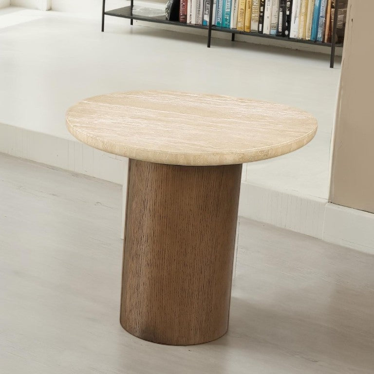 English Elm Contemporary Travertine Stone Top End Table with Trestle Oak Base for Living Room B2741S01006