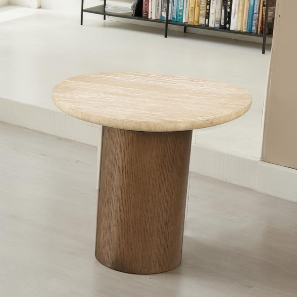 English Elm Contemporary Travertine Stone Top End Table with Trestle Oak Base for Living Room B2741S01006