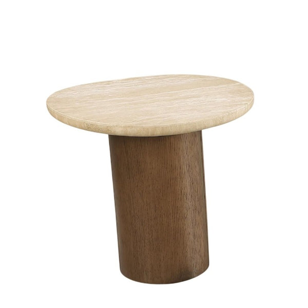 English Elm Contemporary Travertine Stone Top End Table with Trestle Oak Base for Living Room B2741S01006