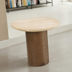 English Elm Contemporary Travertine Stone Top End Table with Trestle Oak Base for Living Room B2741S01006