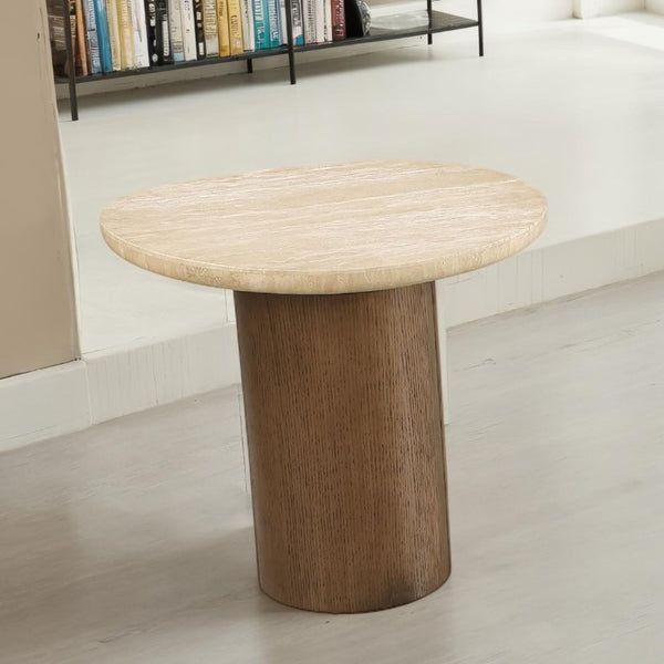 English Elm Contemporary Travertine Stone Top End Table with Trestle Oak Base for Living Room B2741S01006