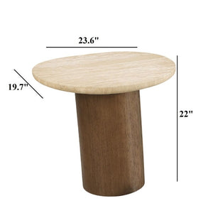 English Elm Contemporary Travertine Stone Top End Table with Trestle Oak Base for Living Room B2741S01006
