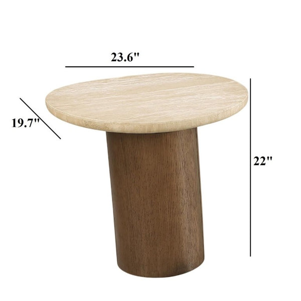 English Elm Contemporary Travertine Stone Top End Table with Trestle Oak Base for Living Room B2741S01006