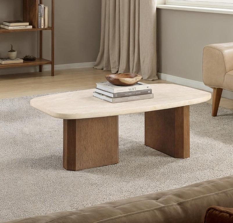 English Elm Contemporary Travertine Stone Top Coffee Table with Organic Shape and Brown Oak Base B2741S01007