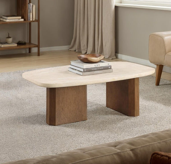 English Elm Contemporary Travertine Stone Top Coffee Table with Organic Shape and Brown Oak Base B2741S01007