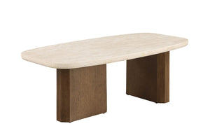 English Elm Contemporary Travertine Stone Top Coffee Table with Organic Shape and Brown Oak Base B2741S01007