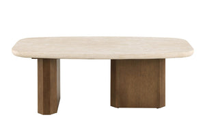 English Elm Contemporary Travertine Stone Top Coffee Table with Organic Shape and Brown Oak Base B2741S01007