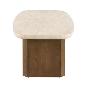 English Elm Contemporary Travertine Stone Top Coffee Table with Organic Shape and Brown Oak Base B2741S01007
