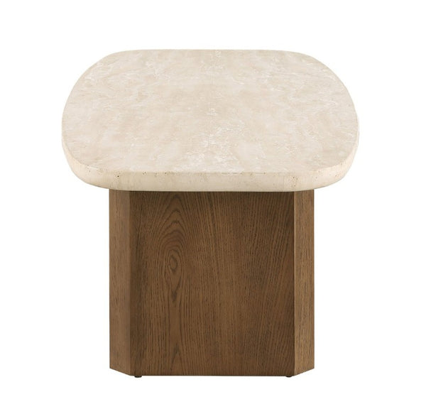 English Elm Contemporary Travertine Stone Top Coffee Table with Organic Shape and Brown Oak Base B2741S01007