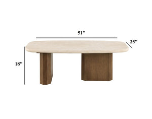 English Elm Contemporary Travertine Stone Top Coffee Table with Organic Shape and Brown Oak Base B2741S01007