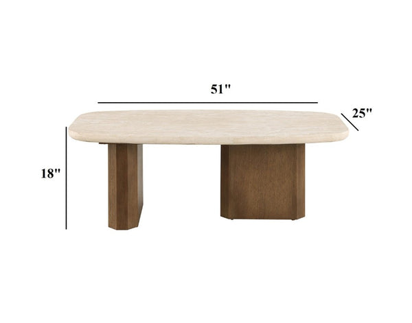 English Elm Contemporary Travertine Stone Top Coffee Table with Organic Shape and Brown Oak Base B2741S01007
