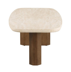 English Elm Contemporary Travertine Stone Top Coffee Table with Organic Shape and Brown Oak Base B2741S01007