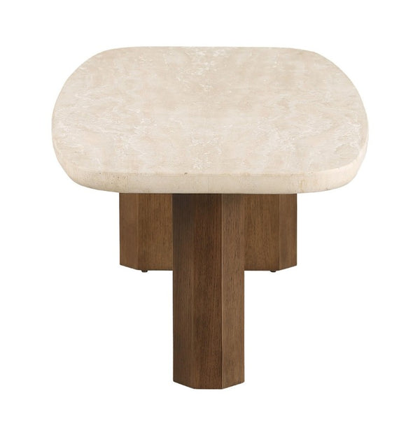 English Elm Contemporary Travertine Stone Top Coffee Table with Organic Shape and Brown Oak Base B2741S01007