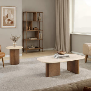 English Elm Contemporary Travertine Stone Top Coffee Table with Organic Shape and Brown Oak Base B2741S01007