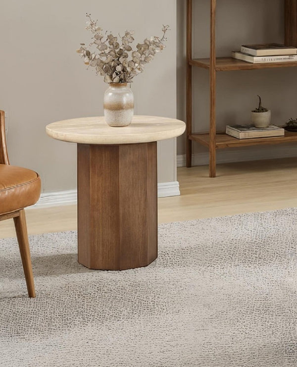 English Elm Contemporary Organic Modern End Table with Travertine Stone Top and Oak Block Base B2741S01008