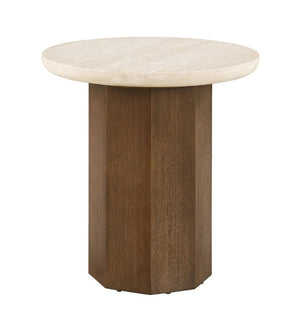 English Elm Contemporary Organic Modern End Table with Travertine Stone Top and Oak Block Base B2741S01008