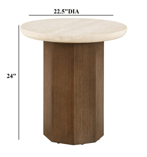 English Elm Contemporary Organic Modern End Table with Travertine Stone Top and Oak Block Base B2741S01008