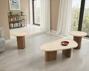 English Elm Trestle Base Living Room Set with Yellow Travertine Stone Tops and Warm Oak Finish B2741S01009
