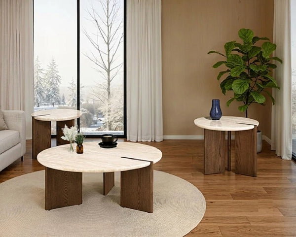English Elm Contemporary Travertine Top 3 Piece Coffee Table Set with Sculptural Tripod Oak Base B2741S01010