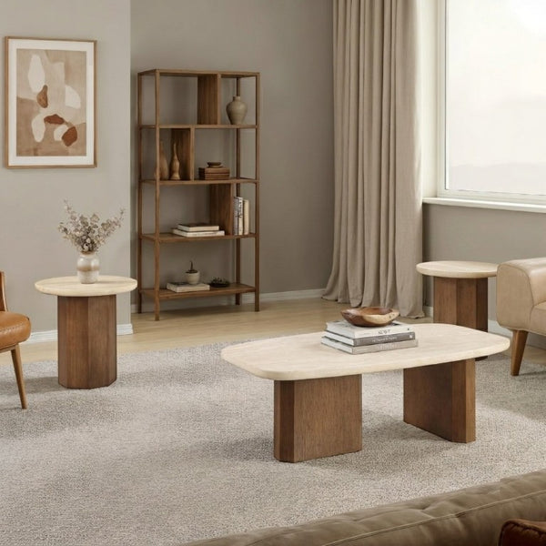 English Elm Contemporary Travertine Stone and Oak 3 Piece Living Room Table Set Organic Form B2741S01011