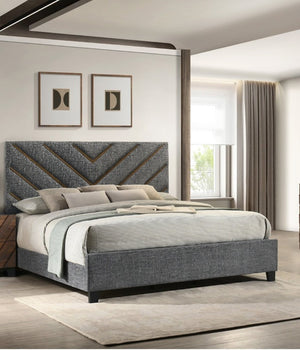 English Elm Beautiful Queen Platform Bed Tufted Chevron Headboard Plush Fabric Warm Wood Tones B2741S01012