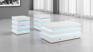 English Elm Contemporary 3 Piece Glossy White Glass Top Table Set with LED Lighting and Bluetooth B2741S01015
