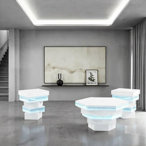 English Elm 3Pc Gloss White Glass Top Coffee and End Table Set with LED Lighting Wireless Charging B2741S01016