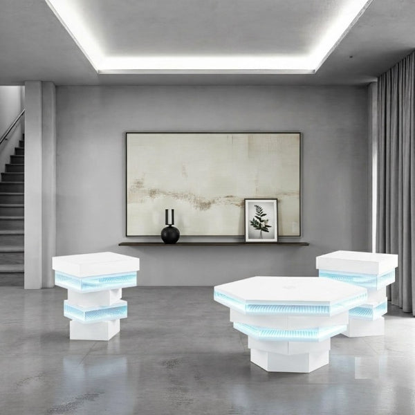 English Elm 3Pc Gloss White Glass Top Coffee and End Table Set with LED Lighting Wireless Charging B2741S01016