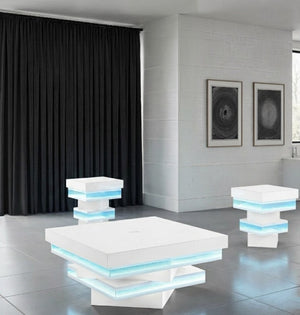 English Elm 3Pc Gloss White Glass Top Coffee Table Set with LED Lighting and Wireless Charging B2741S01017
