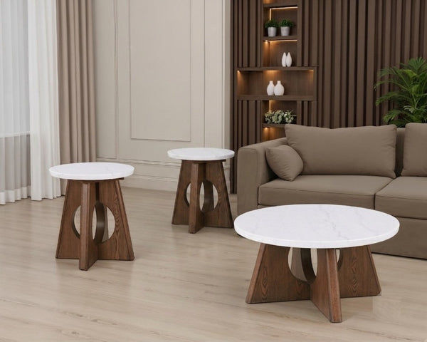 English Elm Modern Organic 3Pc Living Room Set Genuine Marble Tops Sculptural Rubberwood Pedestal Base B2741S01018