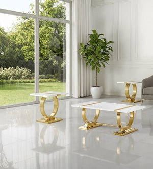 English Elm Contemporary 3 Piece Living Room Table Set with Polished Steel and Engineered Wood Tops Gold, White B2741S01020