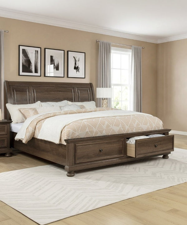 English Elm 1Pc Walnut Platform Queen Bed Curved Headboard Footboard Storage Drawers Solid Wood Frame Brown/Walnut B2741S01021