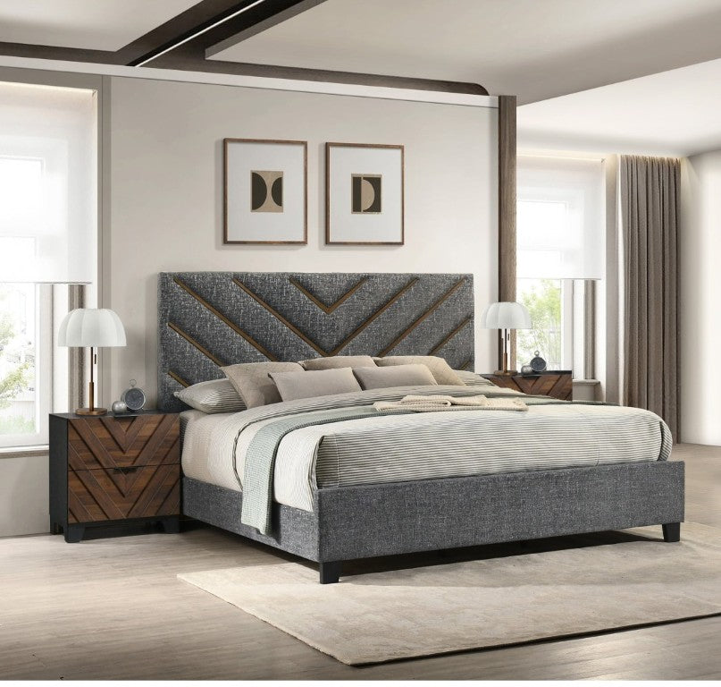 English Elm Modern Chevron Tufted Queen Panel Bed Set with Two Drawer Nightstands in Warm Wood B2741S01025