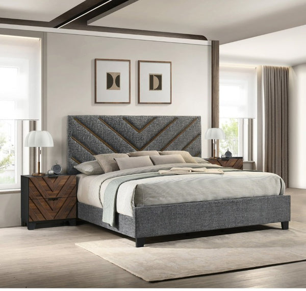 English Elm Modern Chevron Tufted Queen Panel Bed Set with Two Drawer Nightstands in Warm Wood B2741S01025