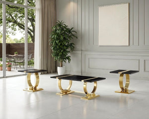 English Elm Contemporary 3 Piece Living Room Table Set with Polished Steel and Engineered Wood Tops Black, Gold B2741S01027