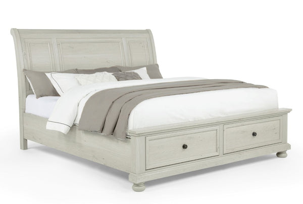 English Elm 1Pc Walnut Platform Queen Bed Curved Headboard Footboard Storage Drawers Solid Wood Frame Ancient White B2741S01033