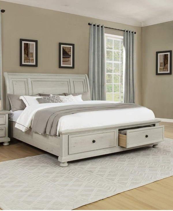 English Elm 1Pc Walnut Platform Queen Bed Curved Headboard Footboard Storage Drawers Solid Wood Frame Ancient White B2741S01033