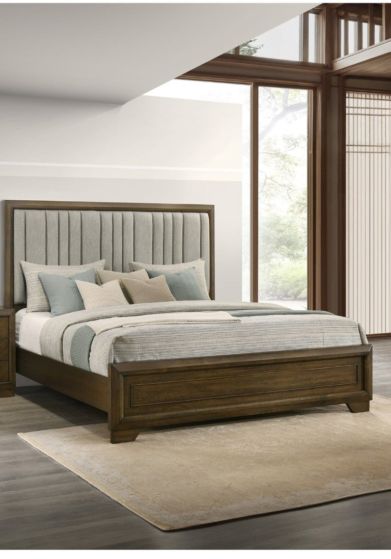 English Elm 1Pc Queen Bed Tall Plush Upholstered Panel Headboard Warm Brown Wood Bedroom Frame B2741S01041