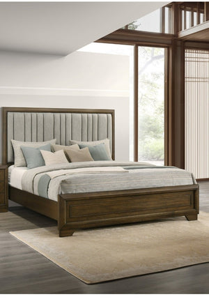 English Elm 1Pc Queen Bed Tall Plush Upholstered Panel Headboard Warm Brown Wood Bedroom Frame B2741S01041