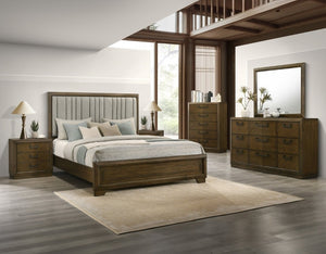 English Elm 1Pc Queen Bed Tall Plush Upholstered Panel Headboard Warm Brown Wood Bedroom Frame B2741S01041