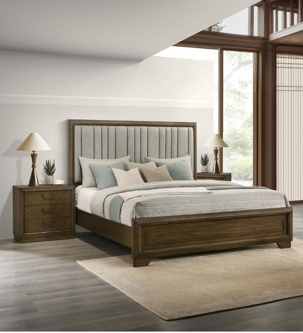 English Elm 3Pc Queen Bedroom Set Upholstered Panel Headboard Rich Brown Wood with Drawer Nightstands B2741S01045