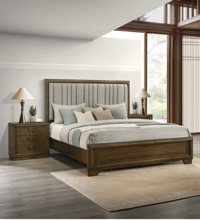 English Elm 3Pc King Bedroom Set Upholstered Panel Headboard Solid Wood Frame with Dual Nightstands B2741S01046