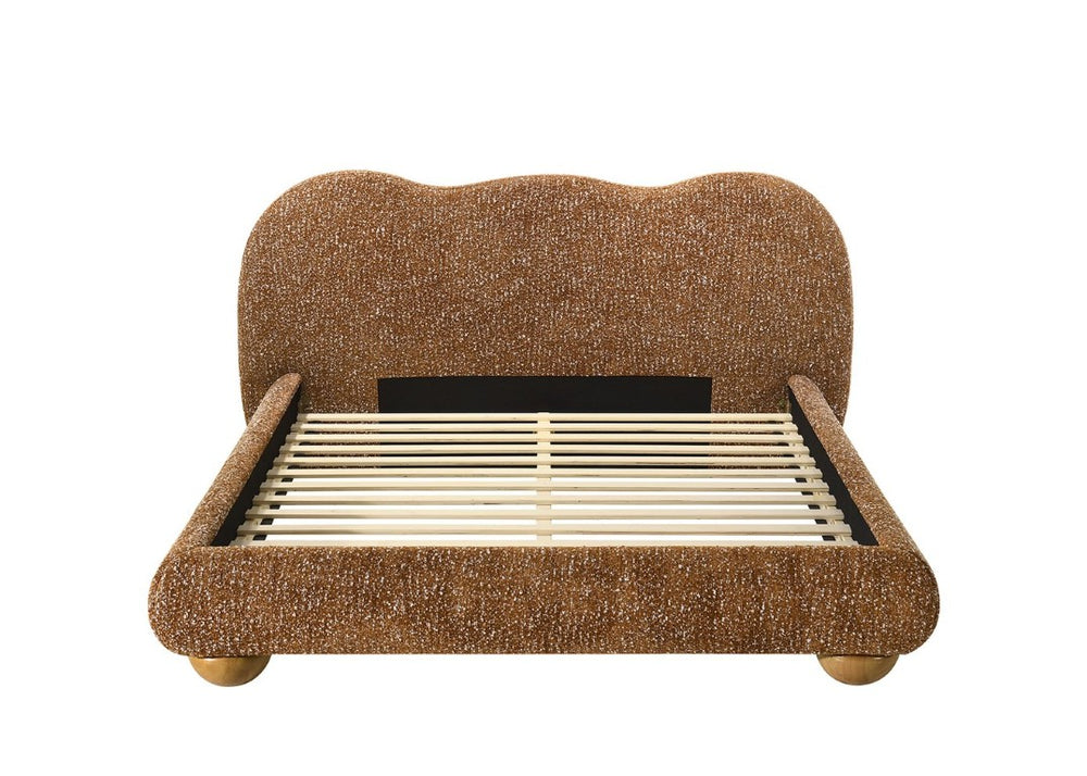 English Elm Terracotta Fabric Queen Bed Camelback Headboard Bun Feet Rubberwood Platform Frame B2741S01047