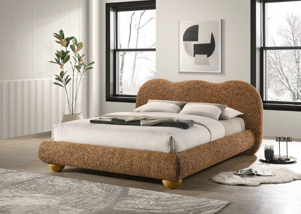 English Elm Terracotta Camelback King Bed Upholstered Frame with Round Bun Feet Warm Bedroom Style B2741S01048