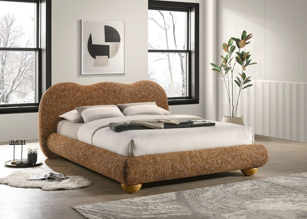 English Elm Terracotta Camelback King Bed Upholstered Frame with Round Bun Feet Warm Bedroom Style B2741S01048