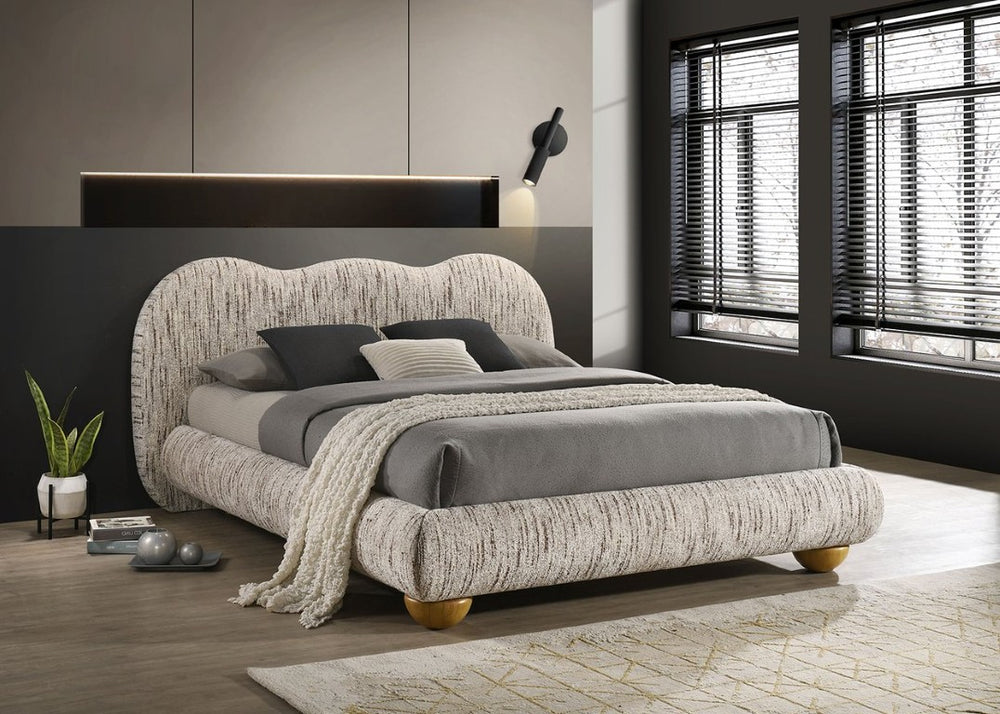 English Elm Contemporary Camelback Upholstered King Bed with Warm Latte Fabric and Bun Feet B2741S01050
