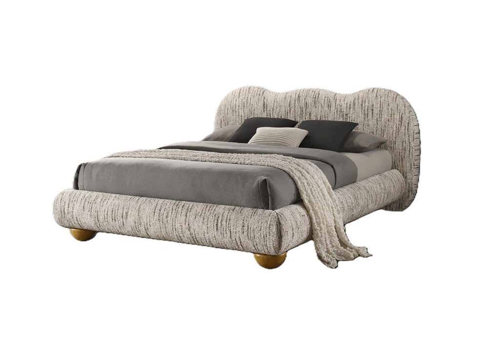 English Elm Contemporary Camelback Upholstered King Bed with Warm Latte Fabric and Bun Feet B2741S01050
