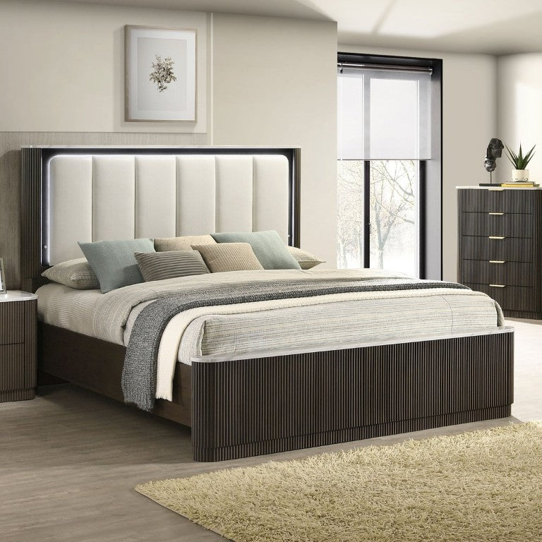 English Elm Dark Walnut Eastern King Bed Leatherette Channel Tufted Headboard with LED Lighting B2741S01052