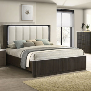 English Elm Dark Walnut Eastern King Bed Leatherette Channel Tufted Headboard with LED Lighting B2741S01052